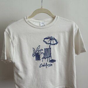 ZARA Embroidered California Cropped T-Shirt | White Graphic Tee - Small